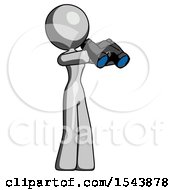 Gray Design Mascot Woman Holding Binoculars Ready To Look Right