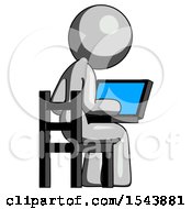 Poster, Art Print Of Gray Design Mascot Woman Using Laptop Computer While Sitting In Chair View From Back