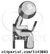 Poster, Art Print Of Gray Design Mascot Man Using Laptop Computer While Sitting In Chair View From Side