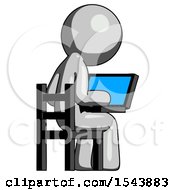 Poster, Art Print Of Gray Design Mascot Man Using Laptop Computer While Sitting In Chair View From Back