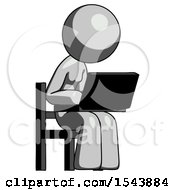 Poster, Art Print Of Gray Design Mascot Woman Using Laptop Computer While Sitting In Chair Angled Right