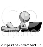 Poster, Art Print Of Gray Design Mascot Woman Using Laptop Computer While Lying On Floor Side Angled View