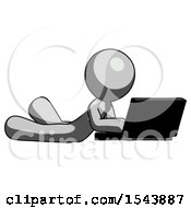 Poster, Art Print Of Gray Design Mascot Man Using Laptop Computer While Lying On Floor Side Angled View