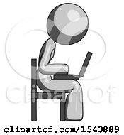 Poster, Art Print Of Gray Design Mascot Woman Using Laptop Computer While Sitting In Chair View From Side
