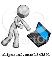 Poster, Art Print Of Gray Design Mascot Woman Throwing Laptop Computer In Frustration
