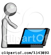 Poster, Art Print Of Gray Design Mascot Man Using Large Laptop Computer Side Orthographic View