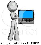 Poster, Art Print Of Gray Design Mascot Woman Holding Laptop Computer Presenting Something On Screen