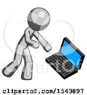 Poster, Art Print Of Gray Design Mascot Man Throwing Laptop Computer In Frustration