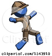 Poster, Art Print Of Blue Explorer Ranger Man Running Away In Hysterical Panic Direction Right
