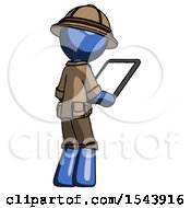 Poster, Art Print Of Blue Explorer Ranger Man Looking At Tablet Device Computer Facing Away