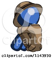 Poster, Art Print Of Blue Explorer Ranger Man Sitting With Head Down Back View Facing Left
