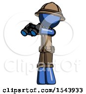 Poster, Art Print Of Blue Explorer Ranger Man Holding Binoculars Ready To Look Left
