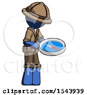 Poster, Art Print Of Blue Explorer Ranger Man Looking At Large Compass Facing Right