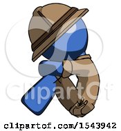 Poster, Art Print Of Blue Explorer Ranger Man Sitting With Head Down Facing Sideways Left