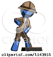 Poster, Art Print Of Blue Explorer Ranger Man Cleaning Services Janitor Sweeping Floor With Push Broom