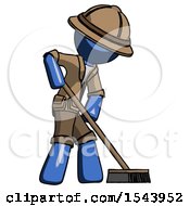 Poster, Art Print Of Blue Explorer Ranger Man Cleaning Services Janitor Sweeping Side View