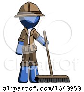 Blue Explorer Ranger Man Standing With Industrial Broom