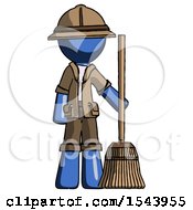Blue Explorer Ranger Man Standing With Broom Cleaning Services
