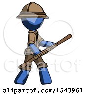 Blue Explorer Ranger Man Holding Bo Staff In Sideways Defense Pose