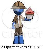 Poster, Art Print Of Blue Explorer Ranger Man Presenting Pink Cupcake To Viewer