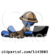 Poster, Art Print Of Blue Explorer Ranger Man Using Laptop Computer While Lying On Floor Side Angled View