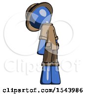 Blue Explorer Ranger Man Depressed With Head Down Back To Viewer Left