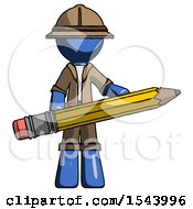Blue Explorer Ranger Man Writer Or Blogger Holding Large Pencil