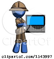 Blue Explorer Ranger Man Holding Laptop Computer Presenting Something On Screen
