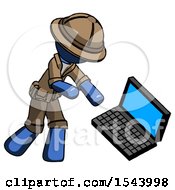 Blue Explorer Ranger Man Throwing Laptop Computer In Frustration
