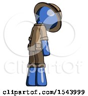 Poster, Art Print Of Blue Explorer Ranger Man Depressed With Head Down Back To Viewer Right