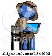 Poster, Art Print Of Blue Explorer Ranger Man Using Laptop Computer While Sitting In Chair View From Back