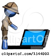 Poster, Art Print Of Blue Explorer Ranger Man Using Large Laptop Computer Side Orthographic View