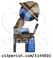 Poster, Art Print Of Blue Explorer Ranger Man Using Laptop Computer While Sitting In Chair View From Side