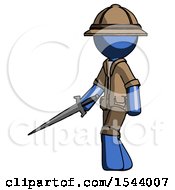 Poster, Art Print Of Blue Explorer Ranger Man With Sword Walking Confidently