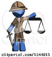 Poster, Art Print Of Blue Explorer Ranger Man Justice Concept With Scales And Sword Justicia Derived