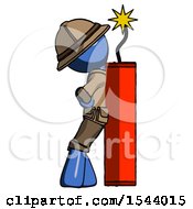 Poster, Art Print Of Blue Explorer Ranger Man Leaning Against Dynimate Large Stick Ready To Blow