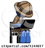 Poster, Art Print Of Blue Explorer Ranger Man Using Laptop Computer While Sitting In Chair Angled Right