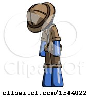 Poster, Art Print Of Blue Explorer Ranger Man Depressed With Head Down Turned Left