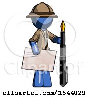 Poster, Art Print Of Blue Explorer Ranger Man Holding Large Envelope And Calligraphy Pen