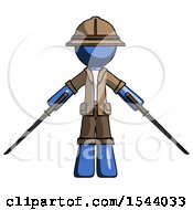 Blue Explorer Ranger Man Posing With Two Ninja Sword Katanas