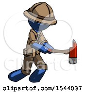 Blue Explorer Ranger Man With Ax Hitting Striking Or Chopping