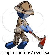 Poster, Art Print Of Blue Explorer Ranger Man Striking With A Red Firefighters Ax