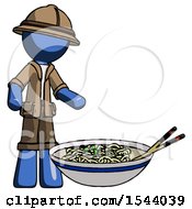 Poster, Art Print Of Blue Explorer Ranger Man And Noodle Bowl Giant Soup Restaraunt Concept