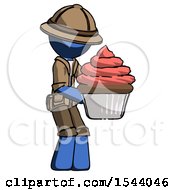 Poster, Art Print Of Blue Explorer Ranger Man Holding Large Cupcake Ready To Eat Or Serve