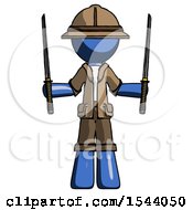 Blue Explorer Ranger Man Posing With Two Ninja Sword Katanas Up