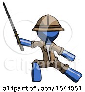 Poster, Art Print Of Blue Explorer Ranger Man With Ninja Sword Katana In Defense Pose