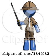 Blue Explorer Ranger Man Standing Up With Ninja Sword Katana