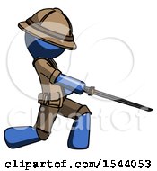 Blue Explorer Ranger Man With Ninja Sword Katana Slicing Or Striking Something