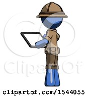 Poster, Art Print Of Blue Explorer Ranger Man Looking At Tablet Device Computer With Back To Viewer
