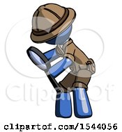 Poster, Art Print Of Blue Explorer Ranger Man Inspecting With Large Magnifying Glass Left